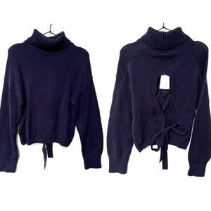 525 America Open Back Lace Up Turtleneck Chunky Knit Sweater Navy Blue S NWT